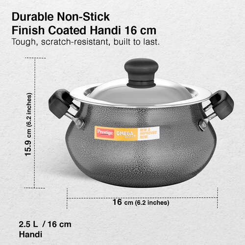 Prestige Omega Select Plus Teflon Non-stick Coated Junior Handi with Stainless Steel Lid and Scrubber for Non-Stick Cookware, 16cm (Black) - Alternate View